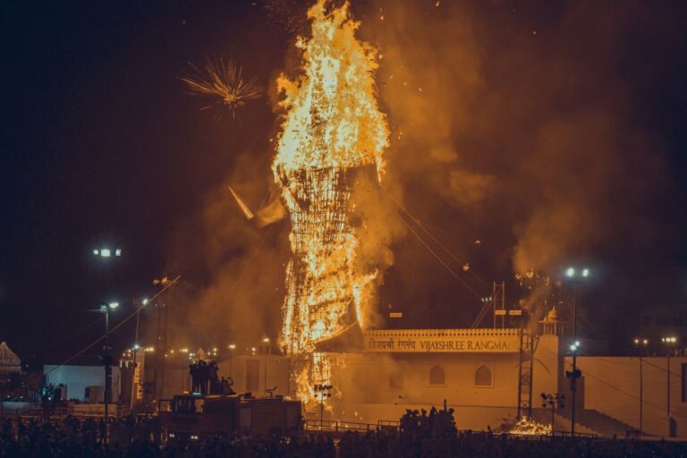 The towering effigy of Ravana engulfed in flames during Dussehra, symbolizing the victory of good over evil